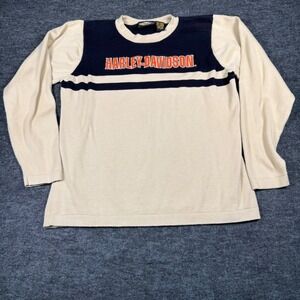 Harley Davidson Vintage Women L Knit Sweater Cream Black Embroidered Logo Cotton